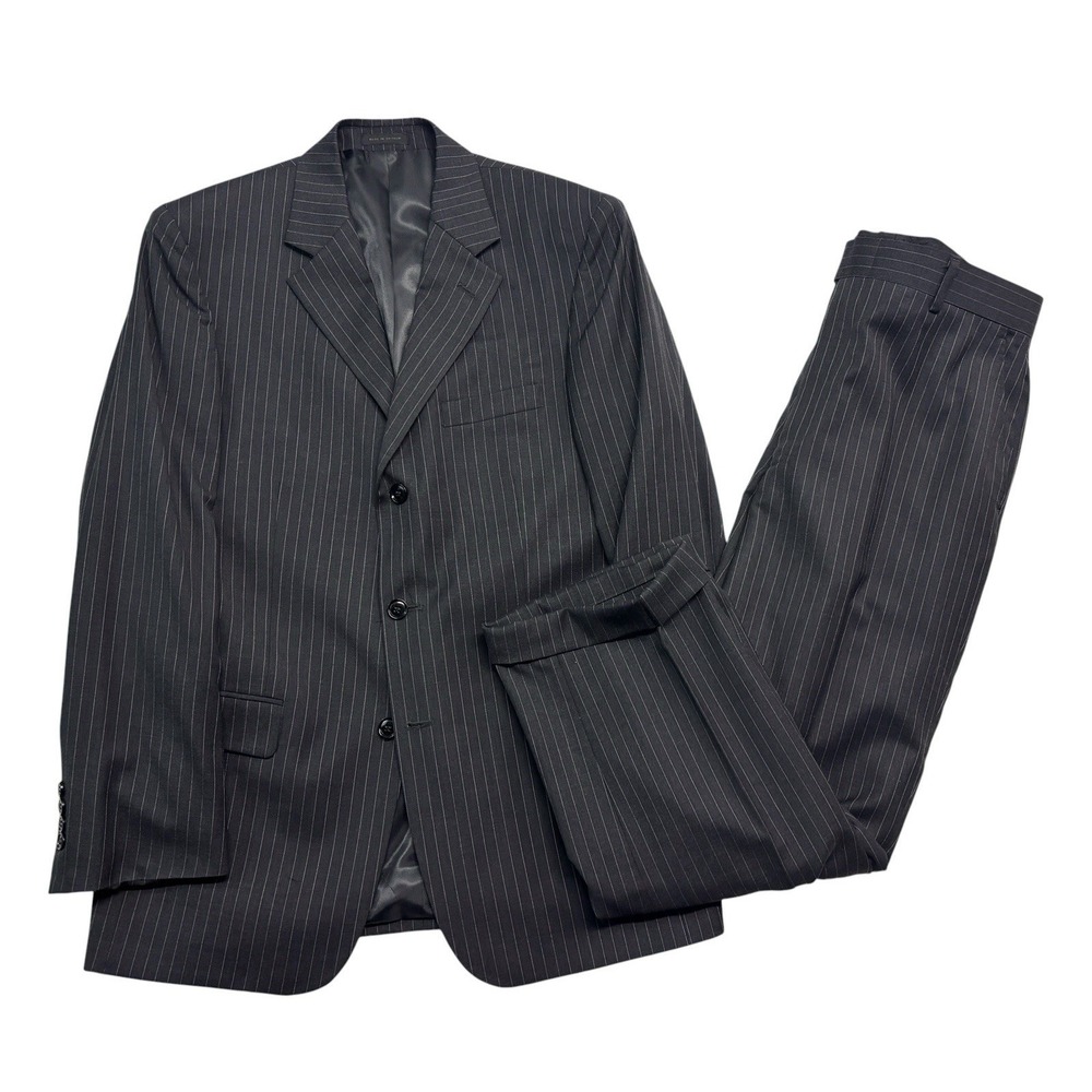 vtg 90s Gianfranco Ruffini Italy 40R 34x29 Charcoal Stripe 2pc Pant Suit Wool